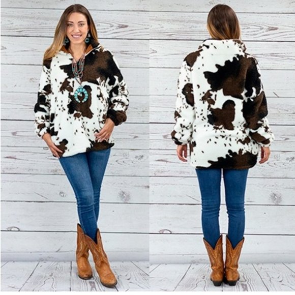 Jackets & Coats Country Western Cow Print Jacket Faux Fur Sherpa